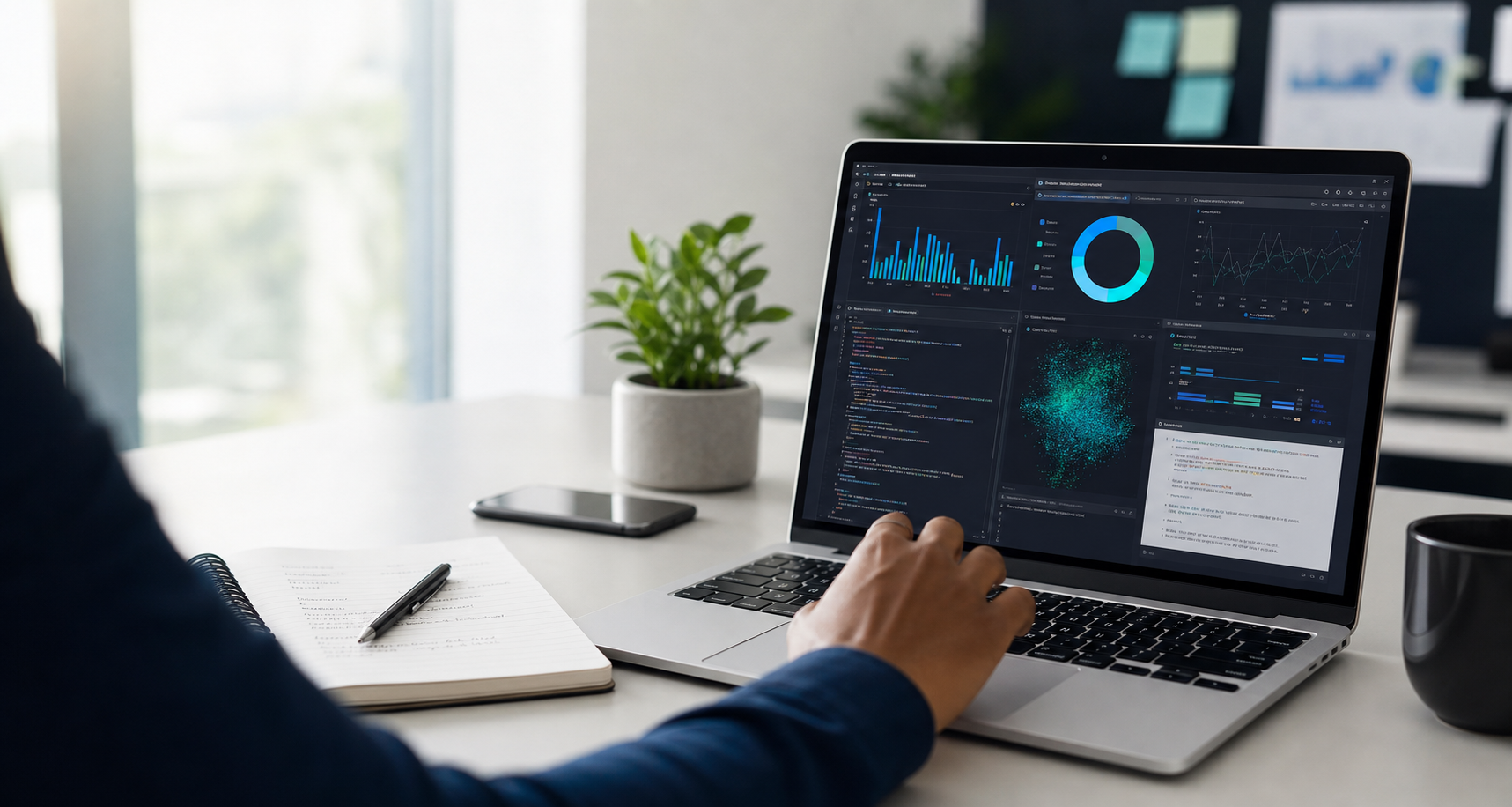 Analytics workspace with dashboard and code on a laptop